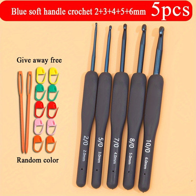 Blue crochet tool set includes 9pcs with soft handle, perfect for beginners. Random color. Great gift.