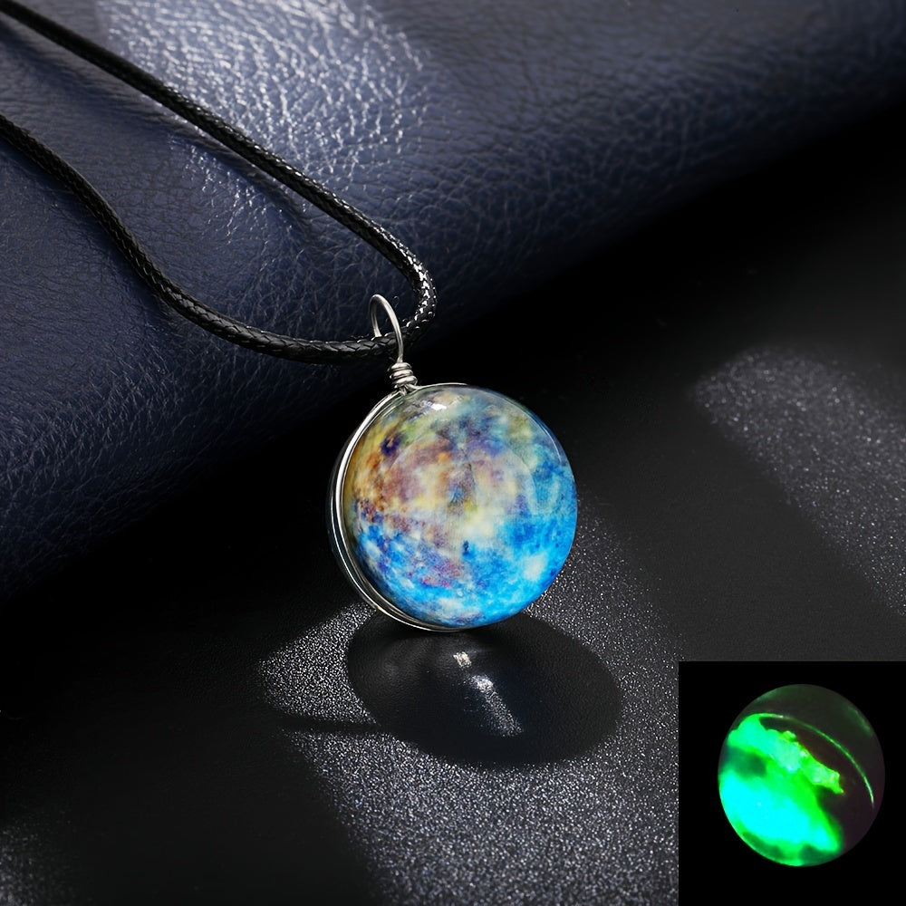 Set of 4 Starry River pendant necklaces featuring dual-sided glass orb and a luminous boho-retro style. Each necklace showcases a cosmic dreamy space gemstone that glows in the dark, making it the perfect accessory for music festivals, travel, and beach