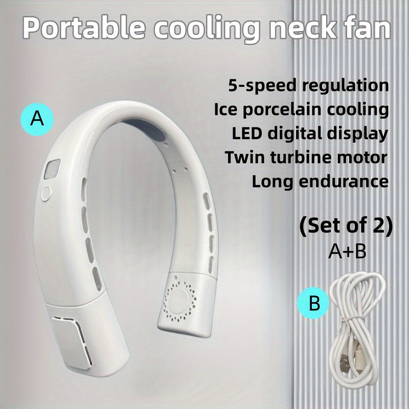 Two portable neck fans featuring quick cooling ice porcelain, bladeless design, USB-C fast charging, 5-speed LED display, quiet dual turbine motor, and long battery life. Ideal for outdoor activities, sports, home use, leisure, students, gifting