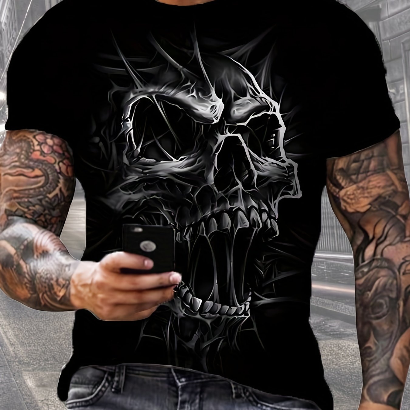 Men's Edgy 3D Skull Print T-Shirt in Black - Crew Neck, Short Sleeve, Polyester Blend, Machine Washable. Perfect for Summer Fashion and Everyday Comfort. Features Stretchy Fabric. Available