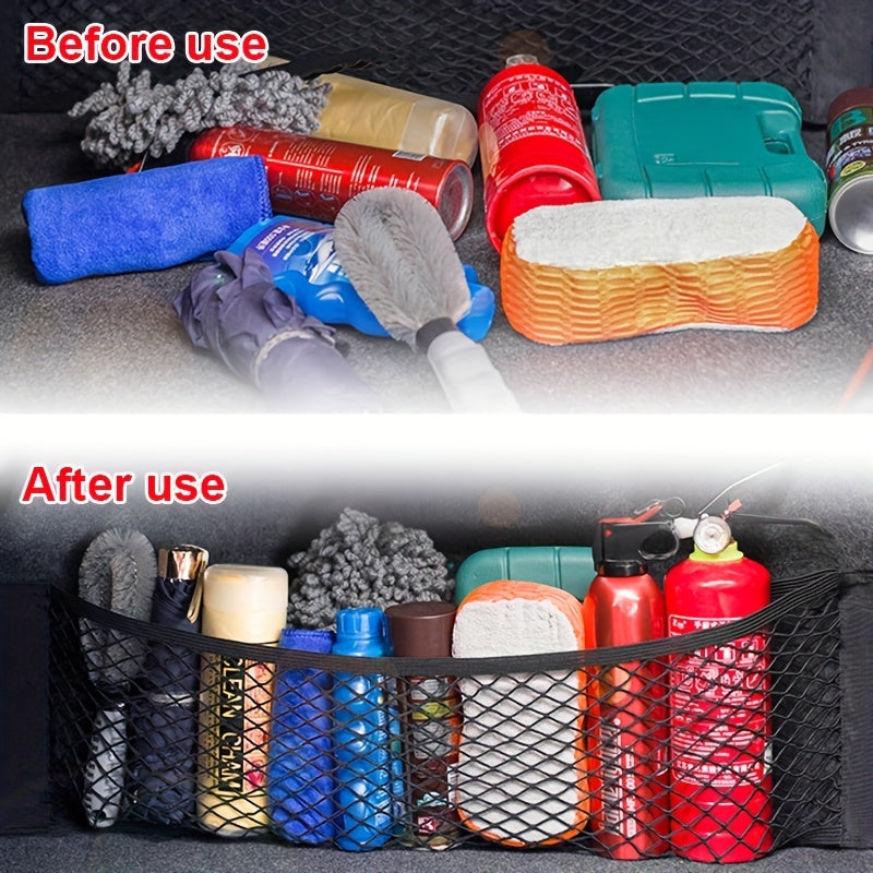 Universal car storage net for trunk organization with nylon material, can be used on rear seat or trunk wall.