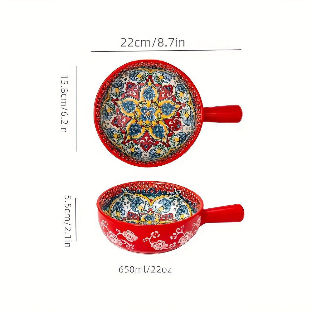 22.1 cm Bohemian ceramic salad bowl with handle, microwave and oven safe for home baking and serving.