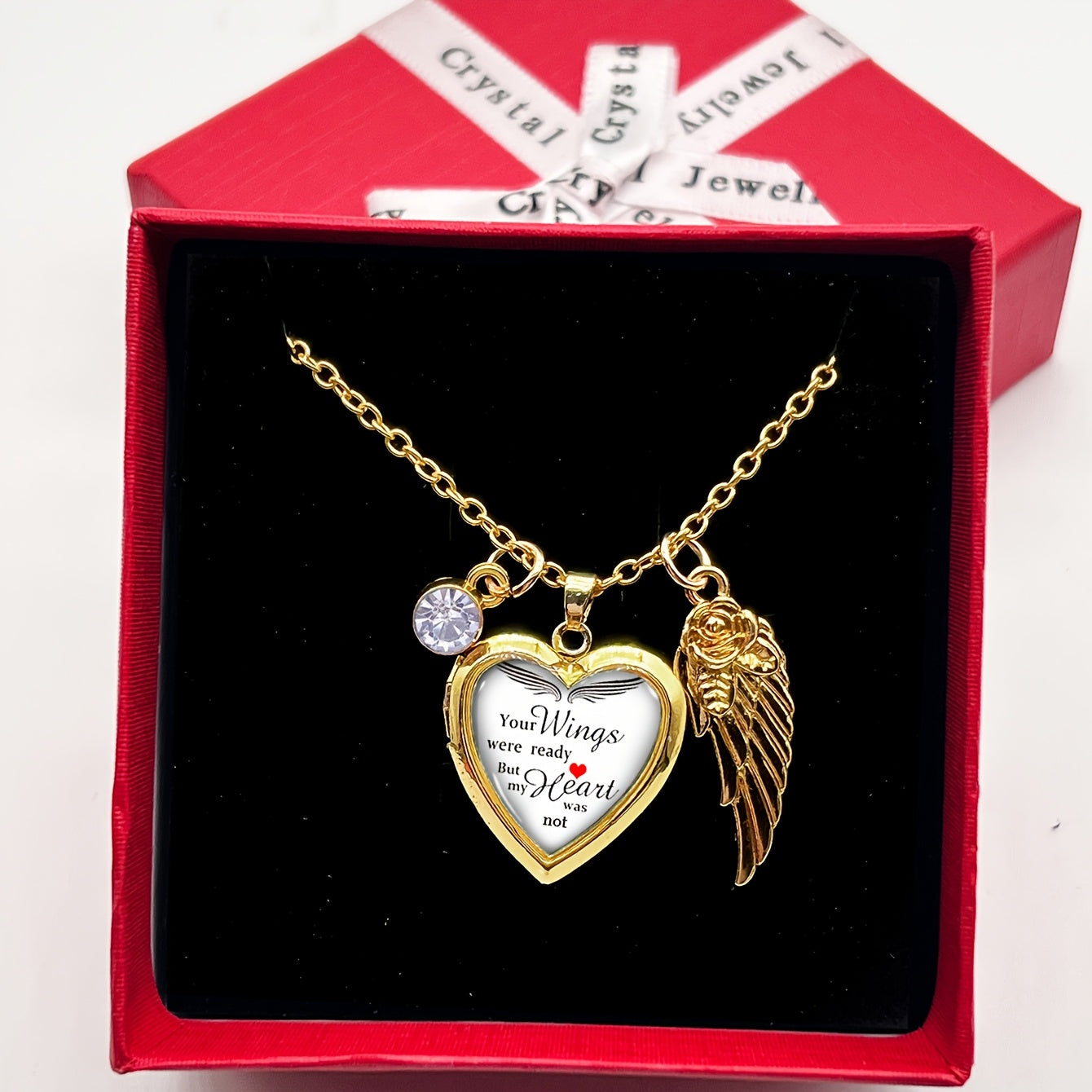 Elegant French-Style Copper Heart & Wing Pendant Necklace with Rhinestone Accents - Perfect for Daily Wear or as an Anniversary Gift. Great for Valentine's Day Surprise. Includes Red Gift Box and Golden Photo Frame.