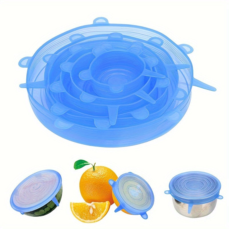 A set of 6/12 smile-shaped elastic lids made from food-grade material. These retractable bowl lids are reusable and perfect for storing fruits, vegetables, and other food items. They are dishwasher safe and can be used as multi-purpose crisper lids for