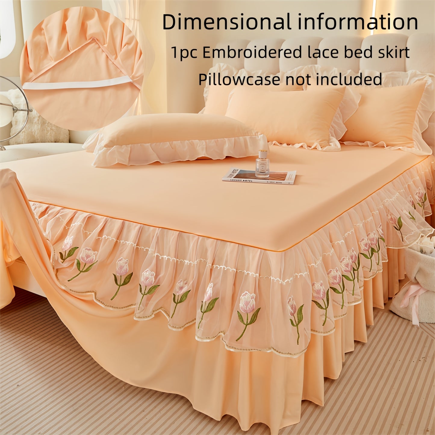 Luxury bed skirt with lace trim and rose embroidery, machine washable, soft fabric, non-slip ribbon fixation, suitable for various rooms. Made of 100% polyester.