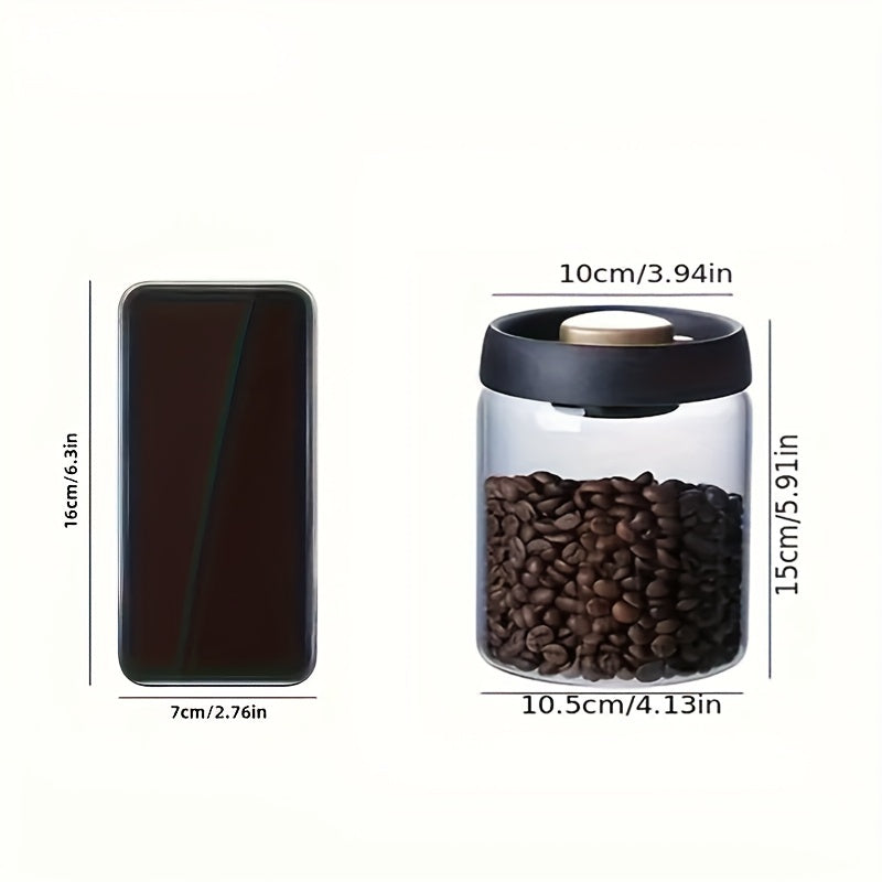 Airtight glass coffee canister for beans, grains, and tea, with vacuum seal lid, made of high borosilicate for home kitchen organization.