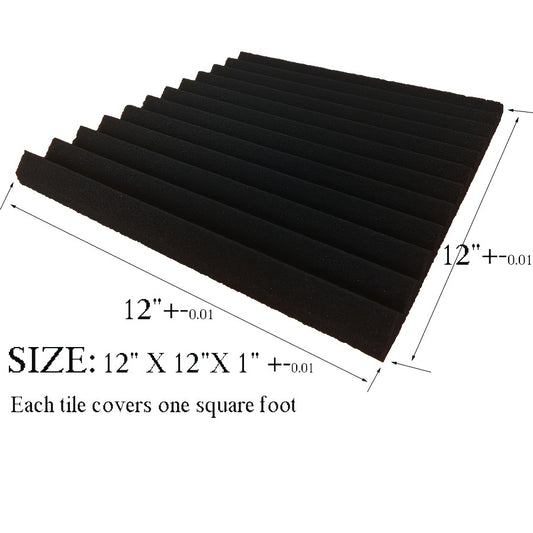 96 pieces of black acoustic foam wedge soundproof wall panels measuring 30.48x30.48x6.35 cm. High-density foam suitable for various settings like studios, bedrooms, offices, gyms, and