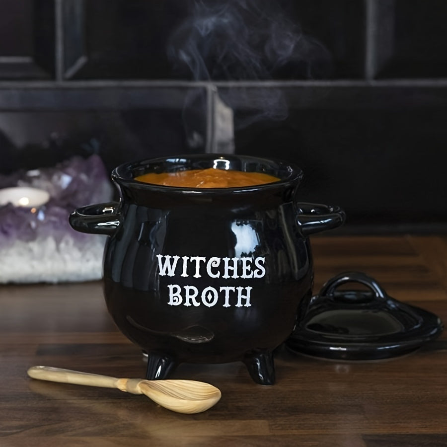 Large Halloween-themed soup pot made of ceramic with a lid, perfect for storing candy and cookies. This magic witch's potion cup is a great addition to your kitchen and dining decor. It is food-safe and can be used for serving deliciously spooky treats.