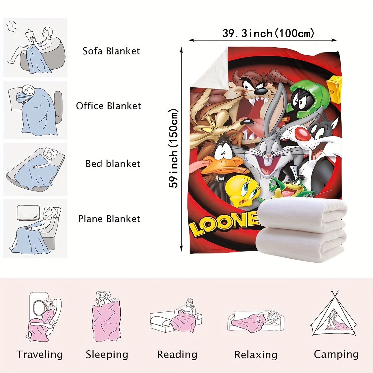 Looney Tunes Cartoon Characters Printed Polyester Knitted Blanket - Modern Design, Versatile Throw for Bedroom, Couch, Bed, Travel - High-Quality Digital Print, Lightweight 200-250gsm Blanket