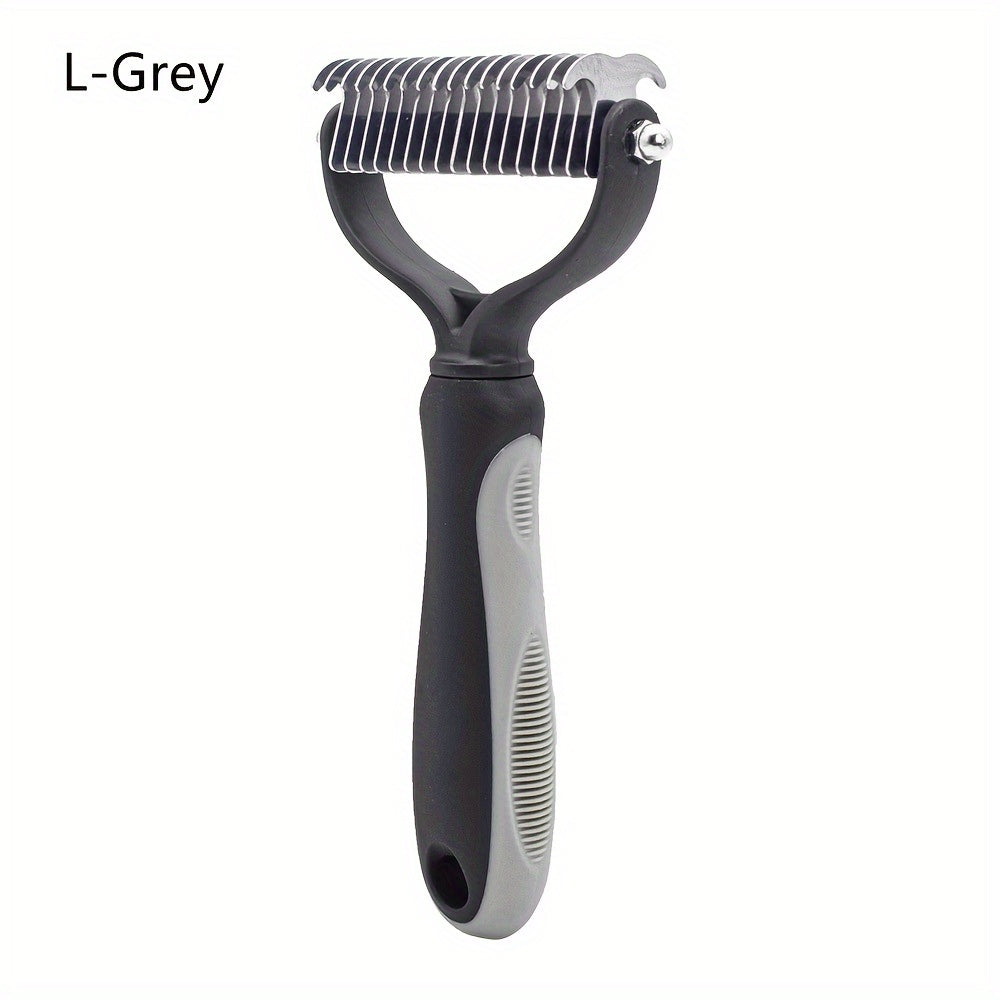 Dual-sided dog grooming brush removes knots and undercoat easily.