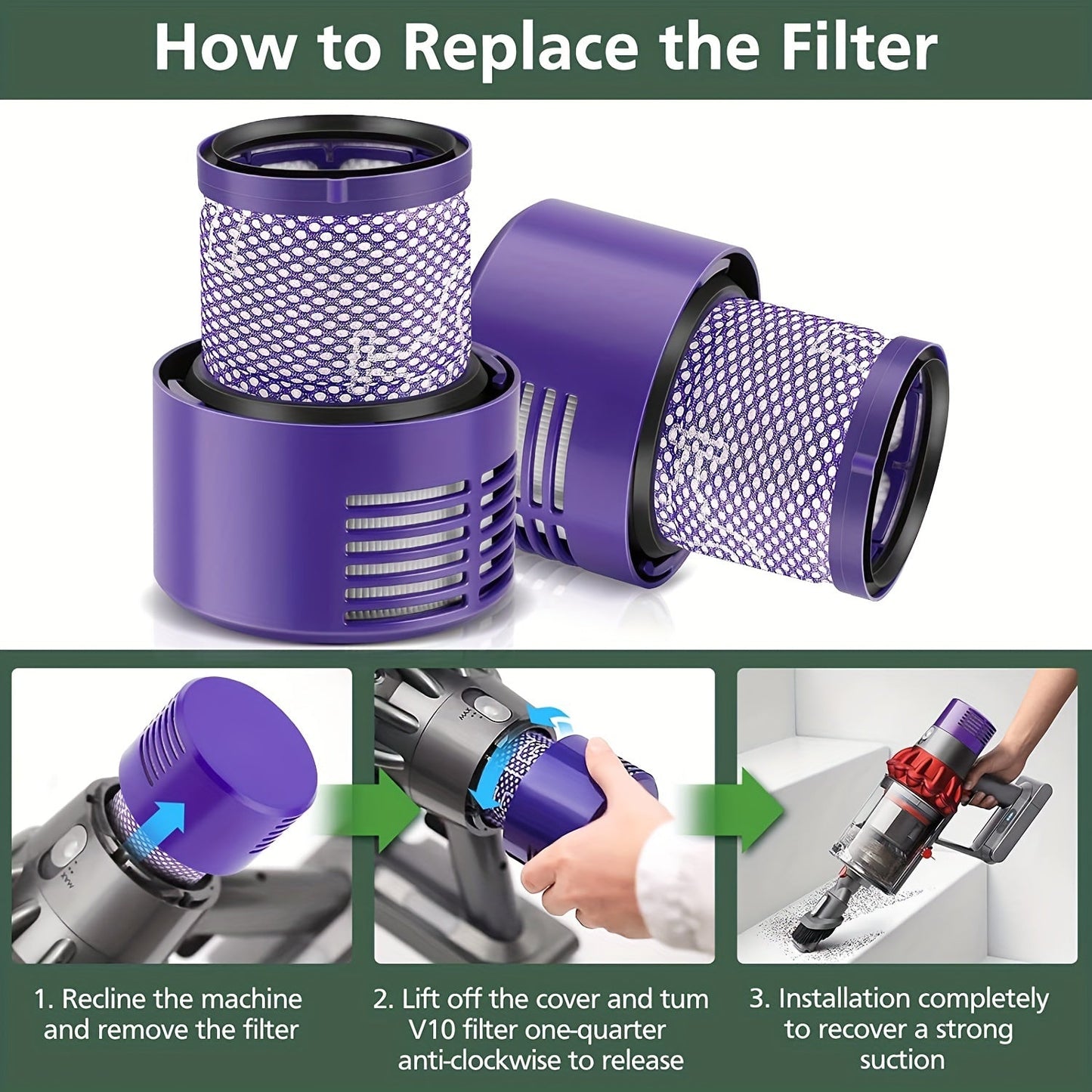 Get a pair of replacement V10 filters for Dyson Cyclone V10 vacuums, including Absolute, Animal, Motorhead, Total Clean, and SV12 models. These filters replace part # 969082-01.