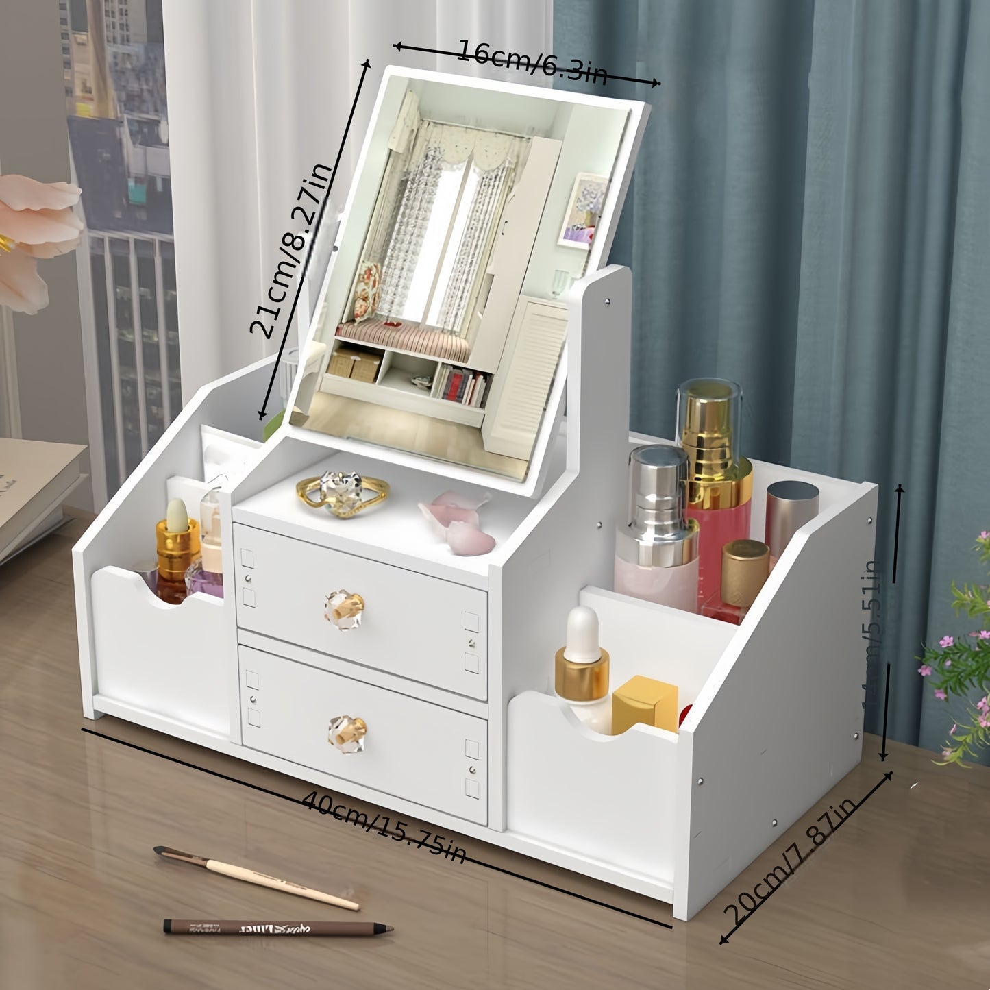 Countertop makeup organizer with mirror, drawer, and floral design for skincare products, iPhone holder, and lightweight use without electricity.