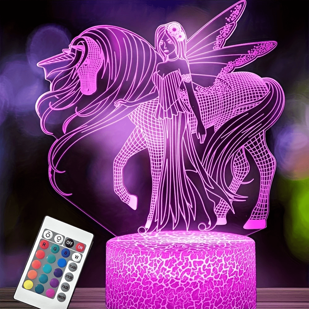 Art Deco style LED night light featuring a 3D Pegasus and Fairy design with 16 color options, USB powered with touch and remote control, ideal for girls' bedrooms as a birthday gift.