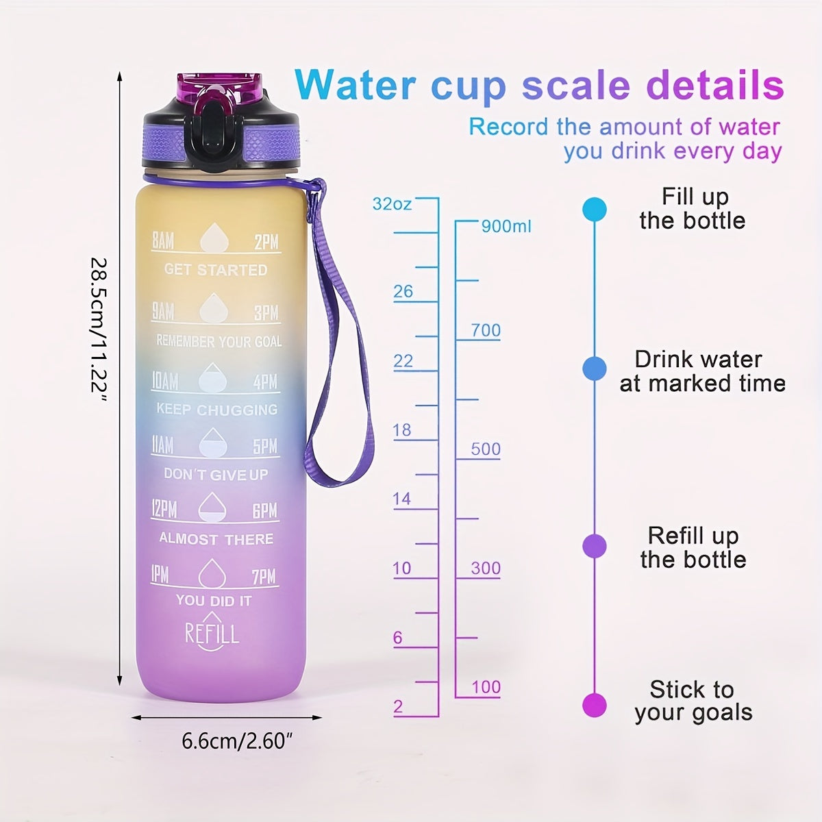 32oz Sports water bottle with time marker to stay hydrated and fit