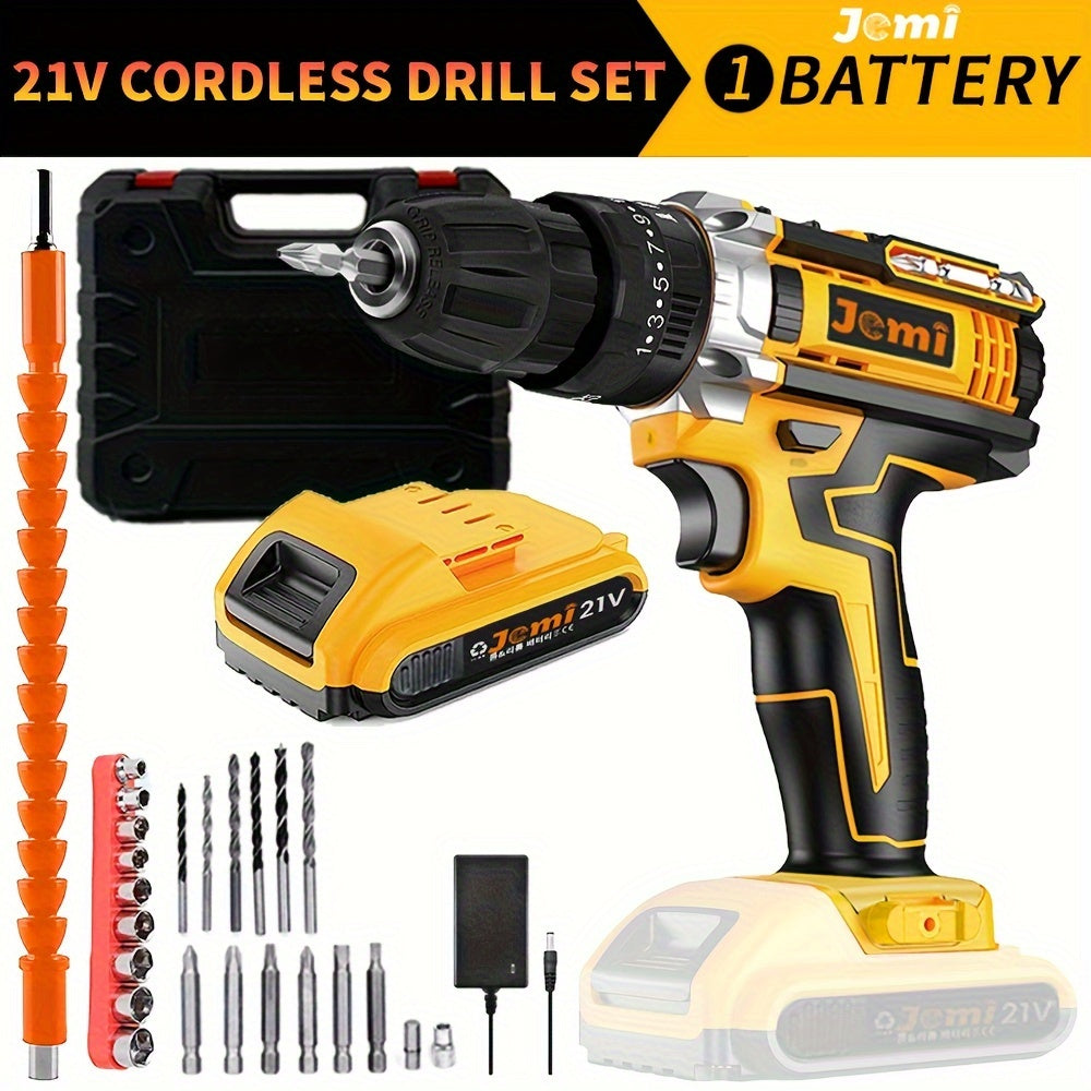 Jemi Tool 21V Cordless Drill Set with 23pcs and 3/8" Keyless Chuck, featuring 25 3 Clutch Drill with Work Light, Max Torque 45Nm and 2 Speeds.