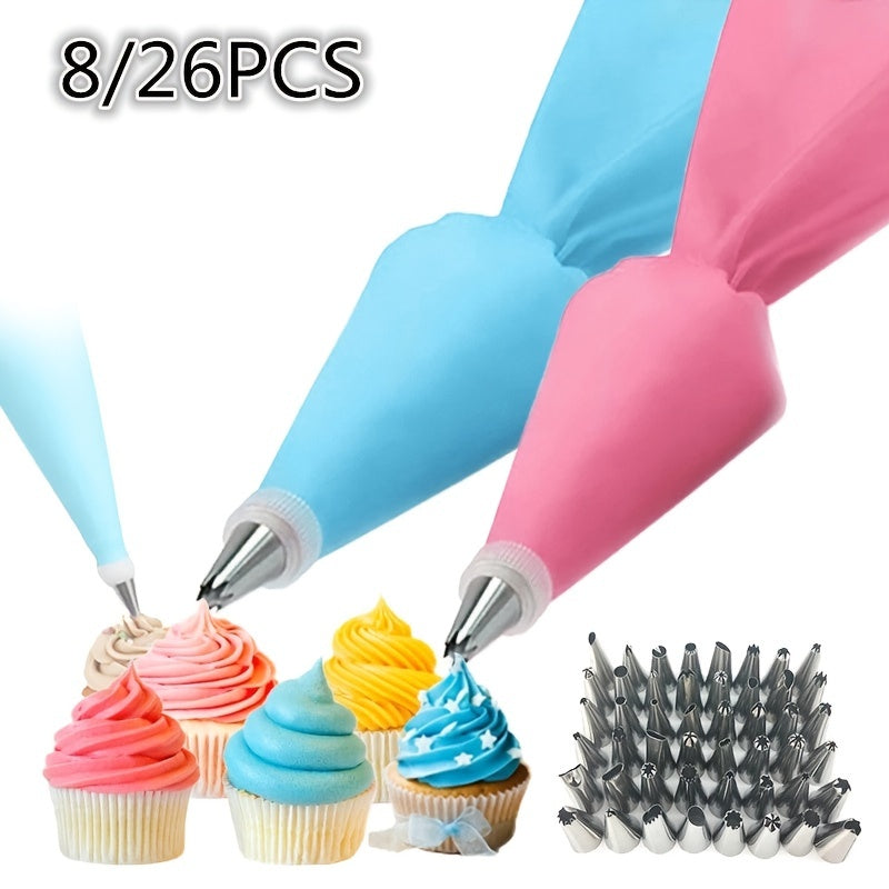 Silicone Pastry Bags Set for DIY Cake Decorating - Includes 8 and 26 Pieces with Nozzle Kit