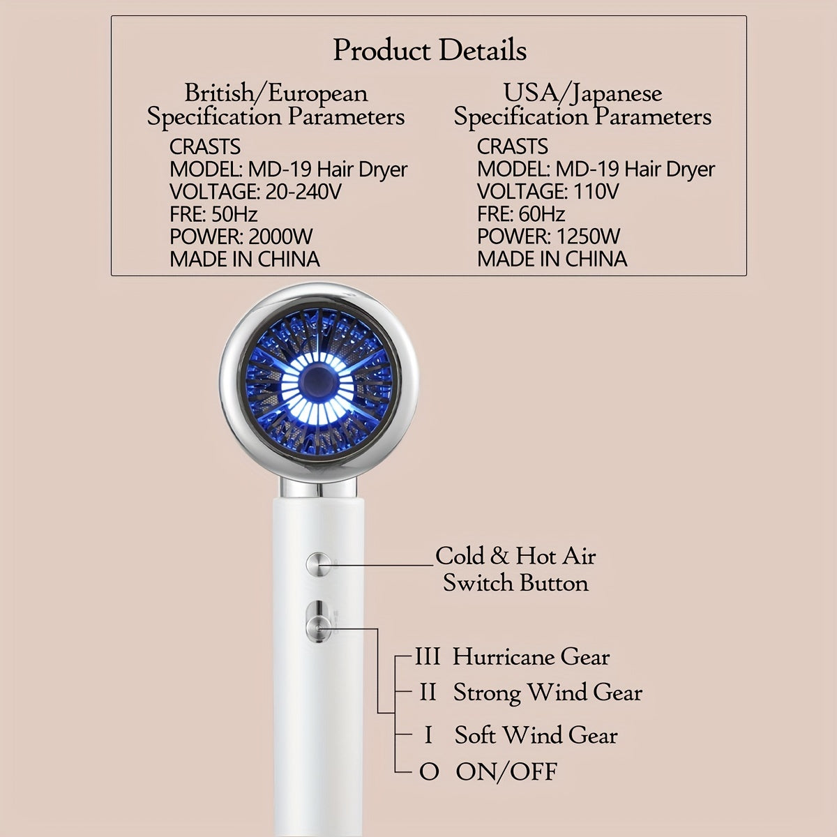 Household hair dryer with negative ion care and hot/cold wind.