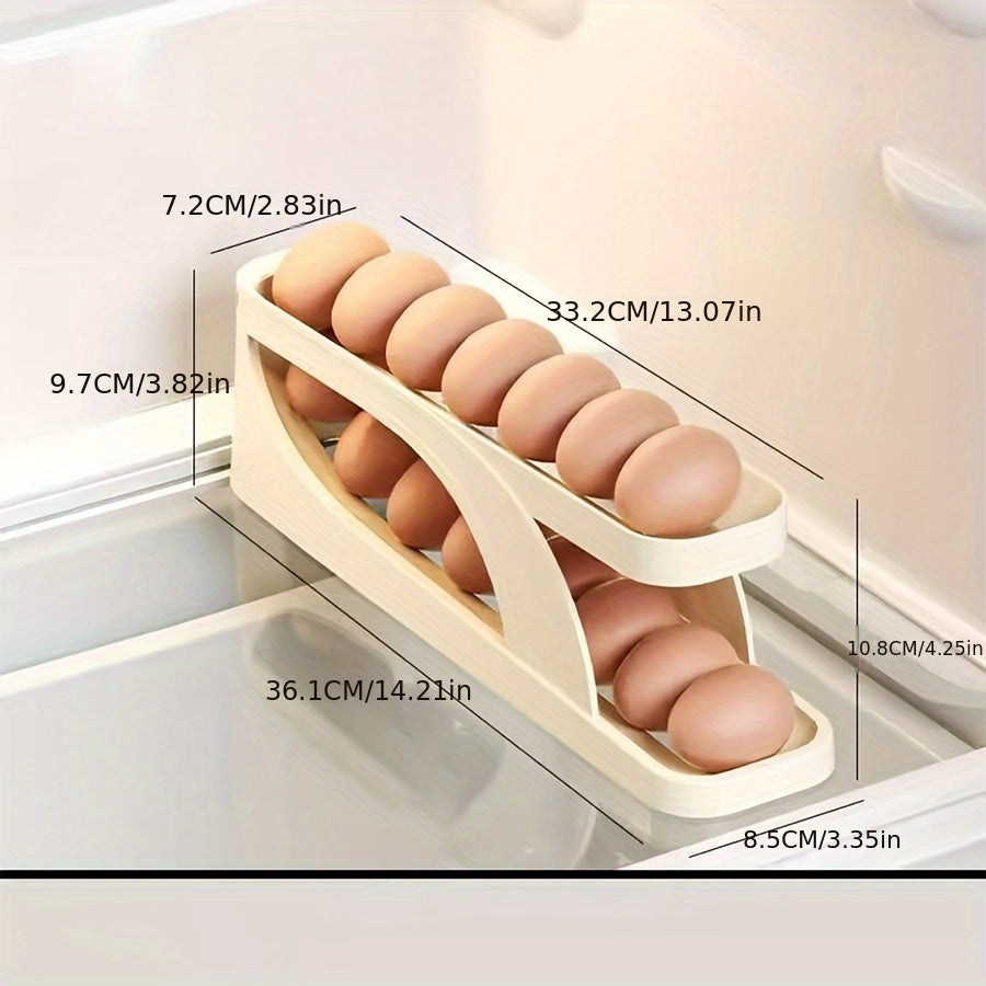 Refrigerator Rolling Egg Tray Holder with Slide Design, Kitchen Organizer for Easy Egg Storage. Automatic Rolling Egg Cooker for Convenient Cooking. Anti-Fall Egg Storage Box for Kitchen Table. Essential Kitchen Supplies.