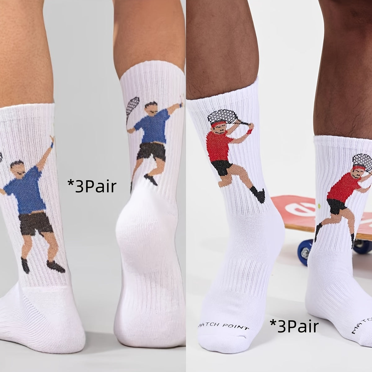 Men's tennis sports socks in cotton blend knit fabric with cartoon print. Suitable for football, tennis, fitness in all seasons. Unisex couple socks in European and Japanese style. Hand