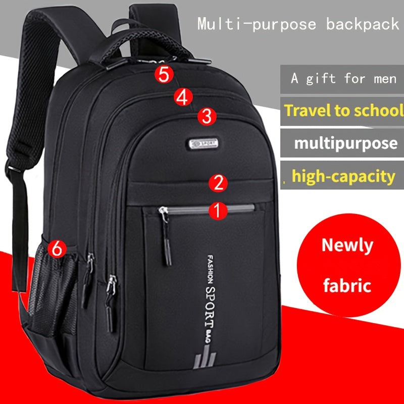 Waterproof travel backpack with large capacity and durable nylon material. Features adjustable straps, multi-compartments, and suitable for both business and school use. Color: black. Ideal