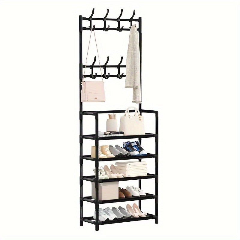 Durable 5-tier black metal shoe and hat rack with 8 hooks, ideal for entryway or living room. Easy assembly and versatile storage solution.