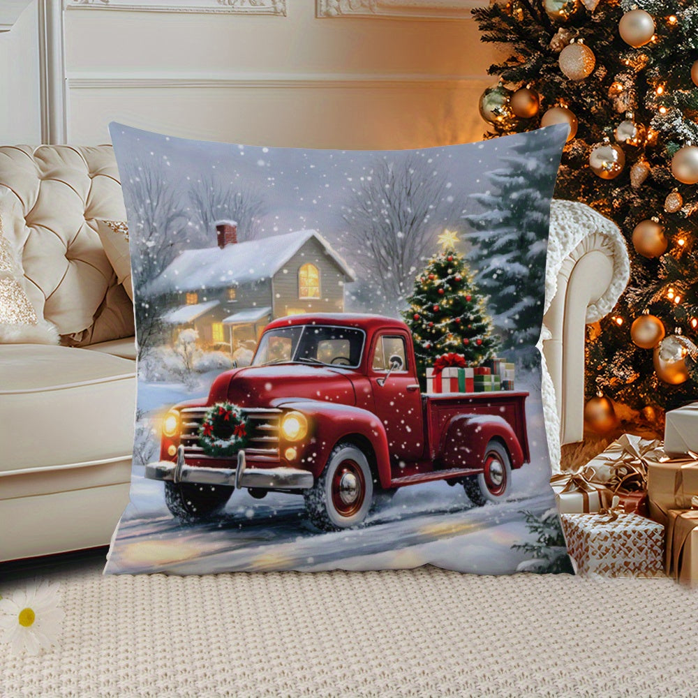 Get into the holiday spirit with our Christmas-themed throw pillow cover! This 1pc knit fabric polyester cushion case features a charming red truck and tree print, perfect for adding a festive touch to your sofa, bed, or car. The contemporary style