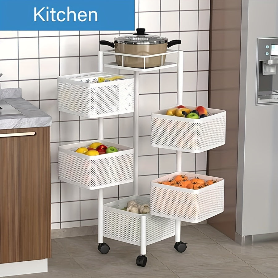 Square 4-tier metal rotating storage rack on wheels for kitchen and bathroom. Golden tube frame, pre-assembled for convenience.