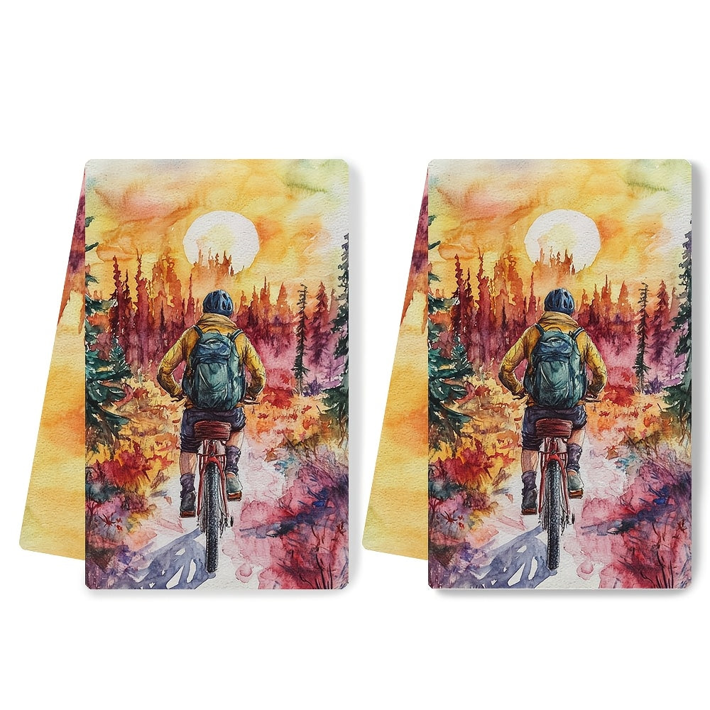 Set of 2 Ultra Soft Kitchen Towels featuring a Vibrant Bicycle Adventure Design, with High Absorbency and Machine Washable properties. Each towel measures 40.64x60.96 cm - Perfect for Holiday Decor. The Sunset Landscape Print adds a charming touch to