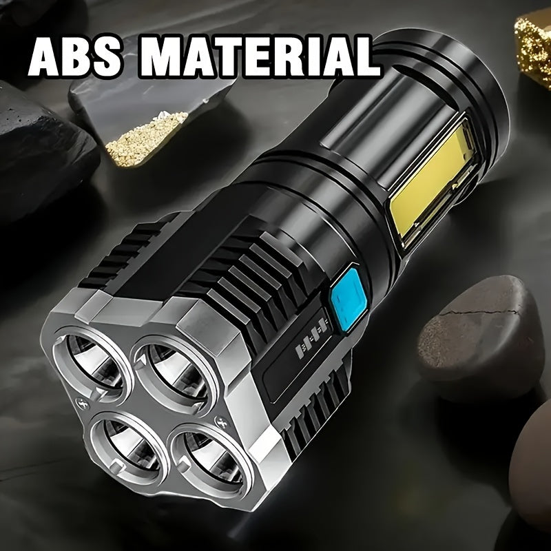 USB rechargeable LED flashlight with 4 modes and COB side light, perfect for outdoor activities.