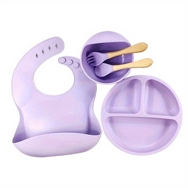 Set of 5 Infant Self-feeding Utensils, Top-rated Led Weaning Kit for Boys and Girls, Includes Silicone Bib, Toddler Bowl, Suction Divided Plate, Spoon, Perfect Baby Eating Essentials, Ideal Baby Shower Gift