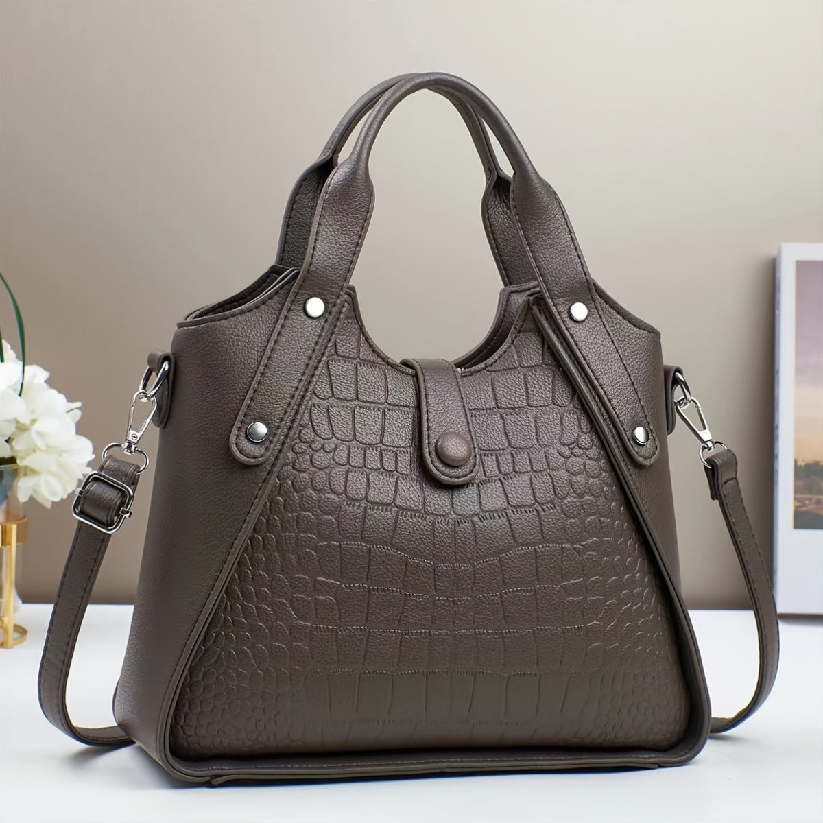 Women's Crocodile Pattern Shoulder Bag - Casual style faux leather handbag with zipper closure, polyester lining, adjustable strap, and elegant carry design