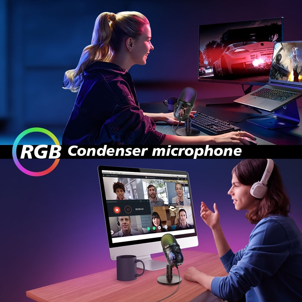 LMBGM USB Condenser Microphone with RGB Lighting, Volume Control, Noise Reduction, USB-C Connector, Unidirectional Polar Pattern; ideal for Gaming, Singing, Streaming, Video Conferencing