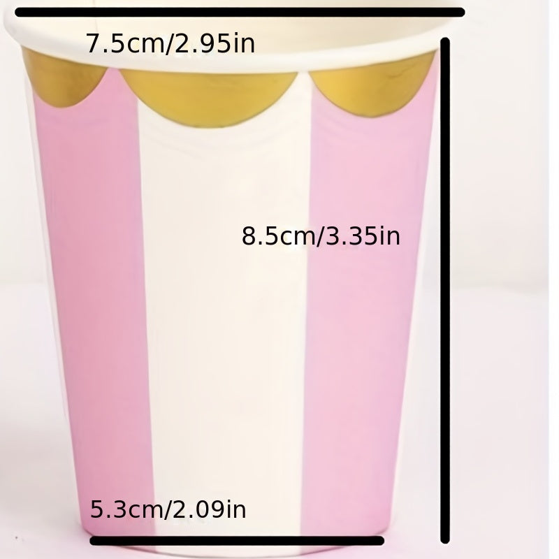 Шикарные одноразовые бумажные стаканчики со стильными полосками для свадебных мероприятий — изолированные, идеально подходят для охлажденных напитков и еды на ходу, бумажные стаканчики