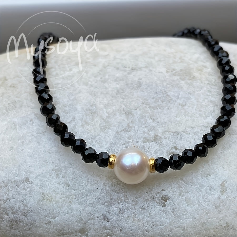 This exquisite Black Onyx and Freshwater Pearl Necklace is lovingly handcrafted and is the ideal gift for anyone. Whether it's for her or him, this timeless piece is perfect for daily wear or special occasions like weddings. The Black Onyx gemstone is