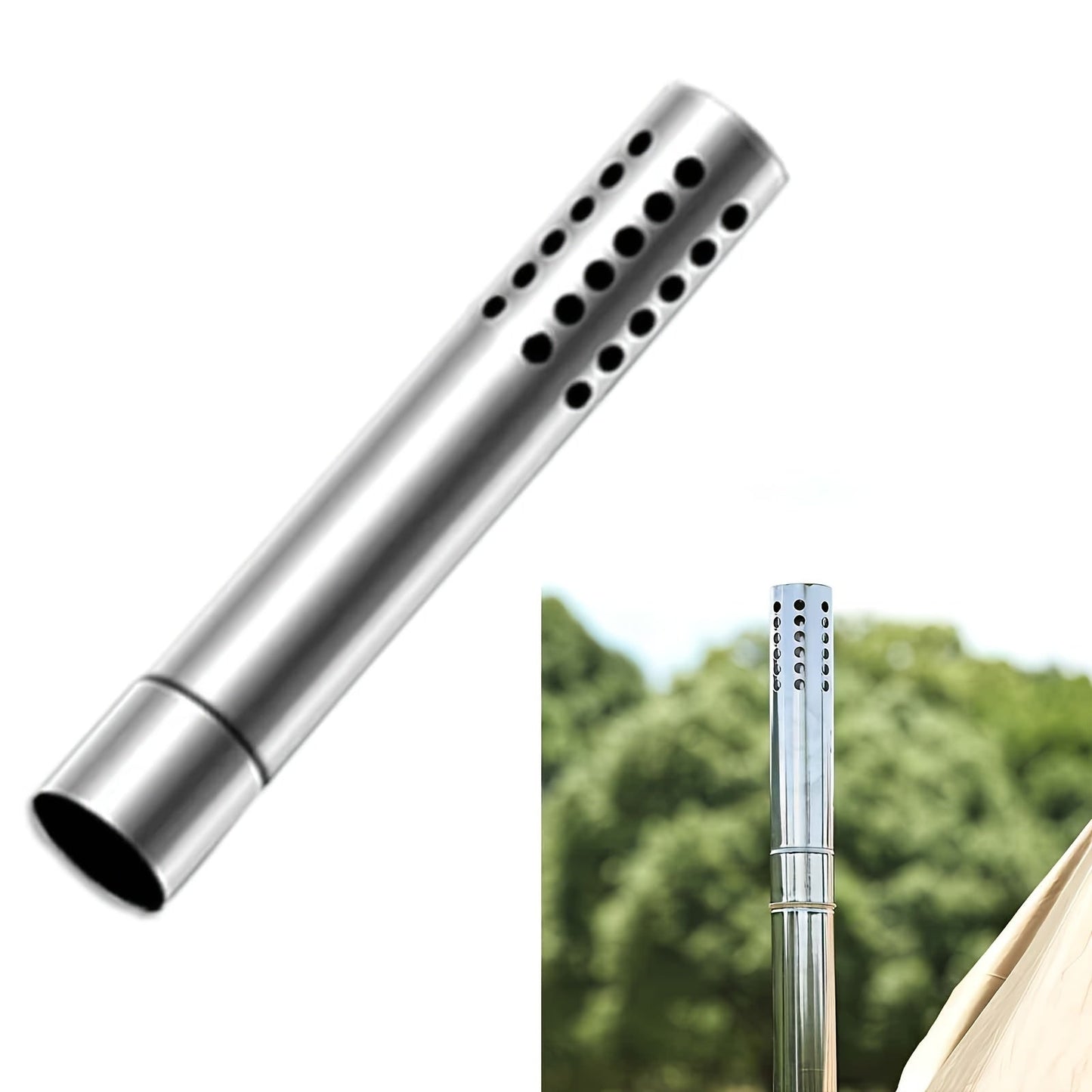 Durable stainless steel chimney spark arrestor for camping tent stove, featuring a fireproof removable smoke pipe. Easy to assemble, this portable wood burning stove accessory is perfect for tents, shelters, and outdoor camping cooking. No electricity or