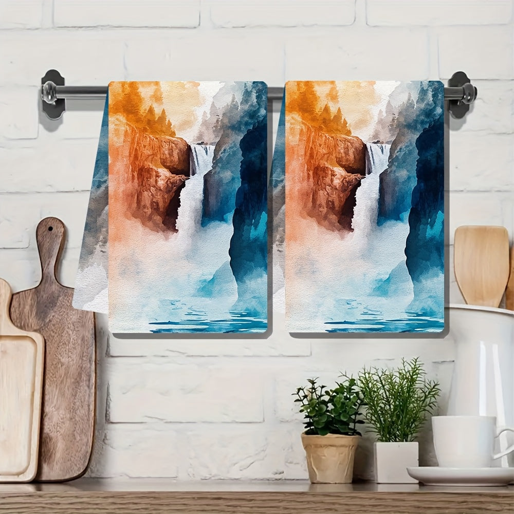 Set of 2 Ultra Soft Kitchen Towels featuring a Vibrant Design of Lower Falls at Yellowstone National Park. These Highly Absorbent and Machine Washable Dish Hand Towels measure 40.64x60.96 cm - Perfect for Holiday Decor and Everyday use in the kitchen.