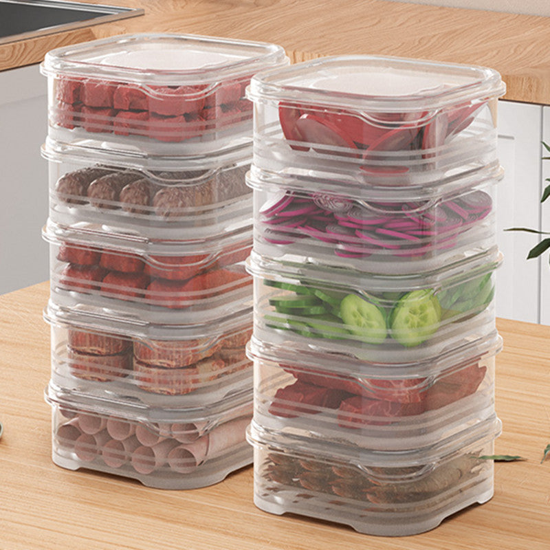 Clear Plastic Containers for Refrigerator with Lids - Set of 4, 8, or 10. Ideal for storing and keeping food fresh in the fridge. Dishwasher safe. Perfect for storing fruits, vegetables, dumplings, meat, ginger, garlic, green onions, and more. A