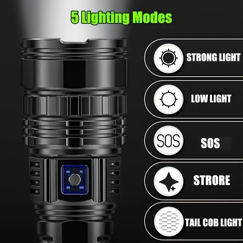 Rechargeable LED flashlight with built-in battery and COB tail light for indoor and outdoor use.