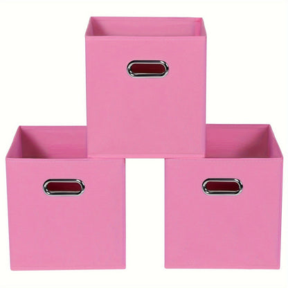 6 pieces of foldable fabric storage bins with handles are available in classic cube designs for organizing your home, bedroom, or office. Choose from black, blue, or cream options.