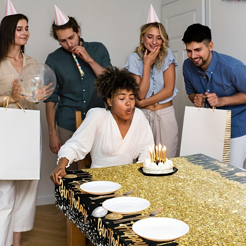 Happy Birthday Tablecloth, Black and Golden Rectangle Tablecover for Party Decorations. Great for BBQs, tea parties, anniversaries, and holidays. Perfect gift for men, women, birthdays