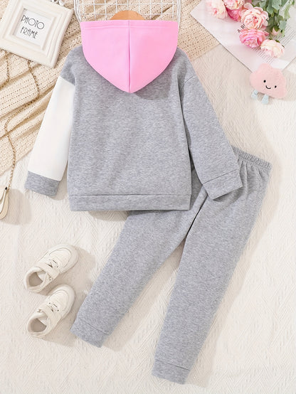 Girls' Colorblock Letter Print Hoodie & Joggers set. Long sleeve knit fabric. Perfect for Fall/Winter, outdoor activities.