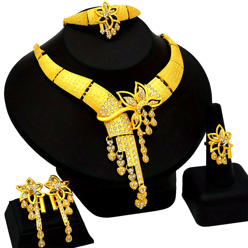 Extravagant Alloy 18K Gold Plated Hollow Flower Rhinestone Jewelry Set - Elegant Traditional Bridal Set for Wedding, Parties, and Special Occasions - Includes Necklace, Ring, Earrings, and Bracelet - Perfect Gift for Anniversaries and Holidays