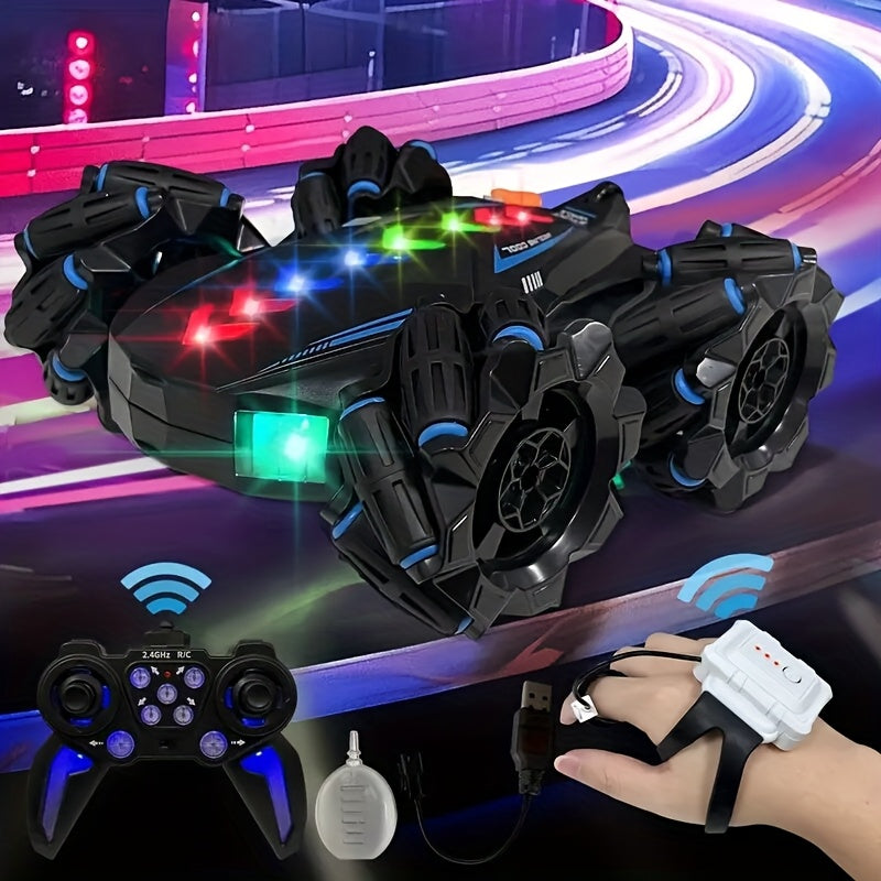 Double-sided remote control car with drift capabilities, lights, and music for stunt doubles.