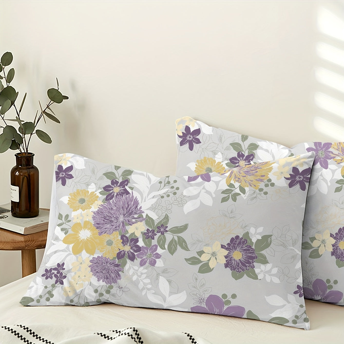 Two flower pattern brushed printed pillowcases, made of soft and breathable fabric, perfect for decorating your bedroom or sofa at home. Pillow core not included.