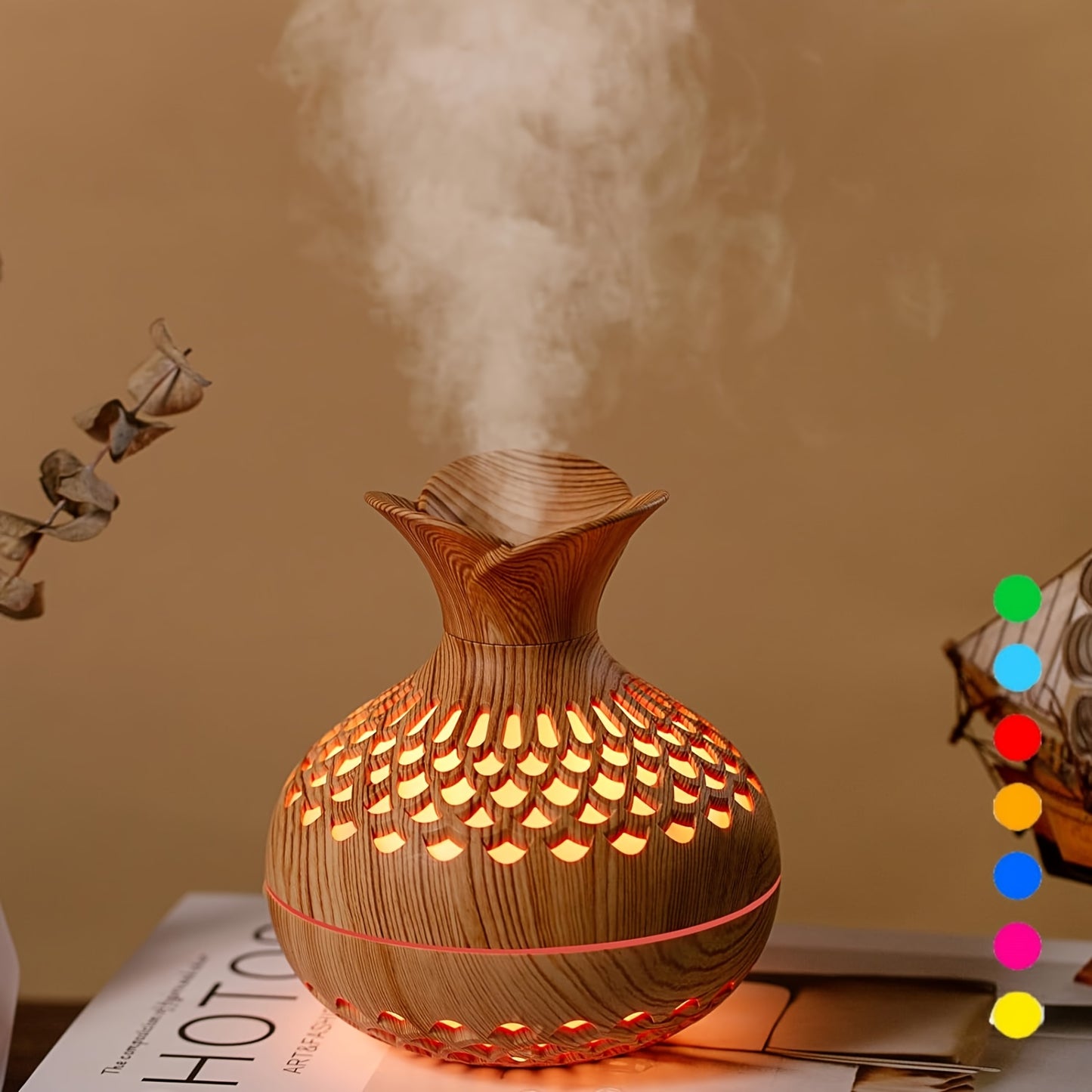 YETHKE Wooden Soundwave Humidifier with Essential Oil Diffuser - USB Powered, Cool Mist Maker for Home Comfort.