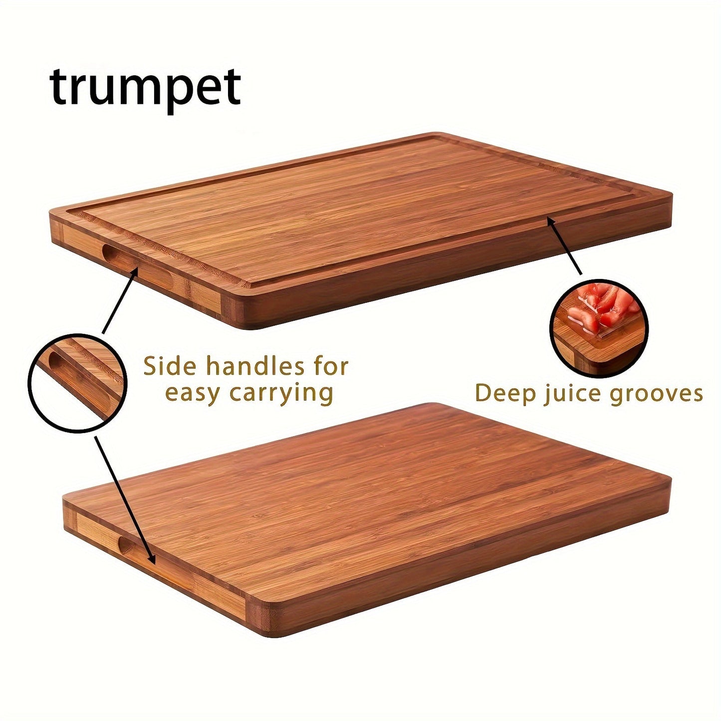 Large, thick bamboo cutting board with a juice groove, perfect for use as a butcher block. This food-safe charcuterie and cheese serving tray is ideal for your kitchen.