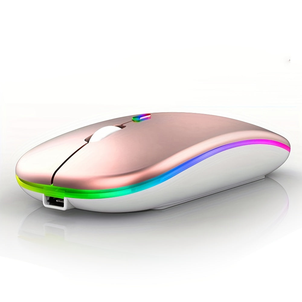 Rechargeable LED wireless mouse with dual mode, silent operation, and ergonomic design. Suitable for various devices like laptops, desktops, and tablets.