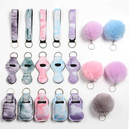 Set of 20 lipstick cases, sanitizer bottle keychain pendants, and plush ball ornaments in a bottle case design.