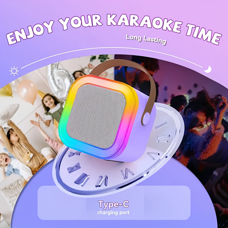 Portable adult karaoke machine with 2 wireless microphones, RGB lighting, TF card/USB support, gift box packaging in purple/black. Compatible with all smartphones.