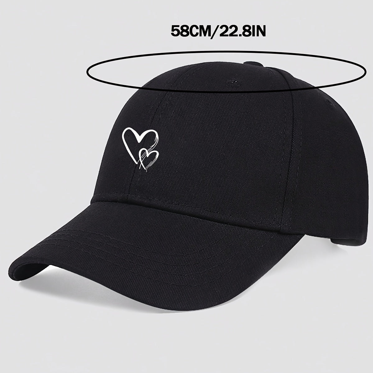 Women's Adjustable Baseball Cap with Love Heart Print - Black Sun Hat for Travel, Vacation & Casual Attire, Breathable Polyester Design